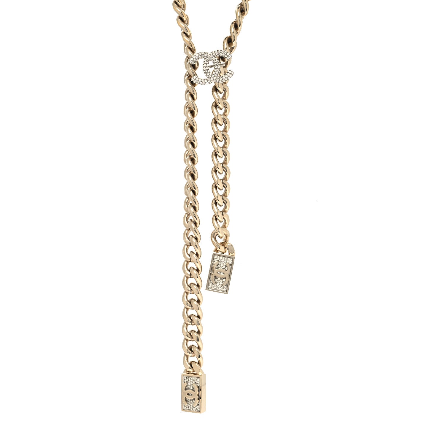 Chanel Chain Link Crystal CC Dog Tag Charm Necklace Gold 1 of 5