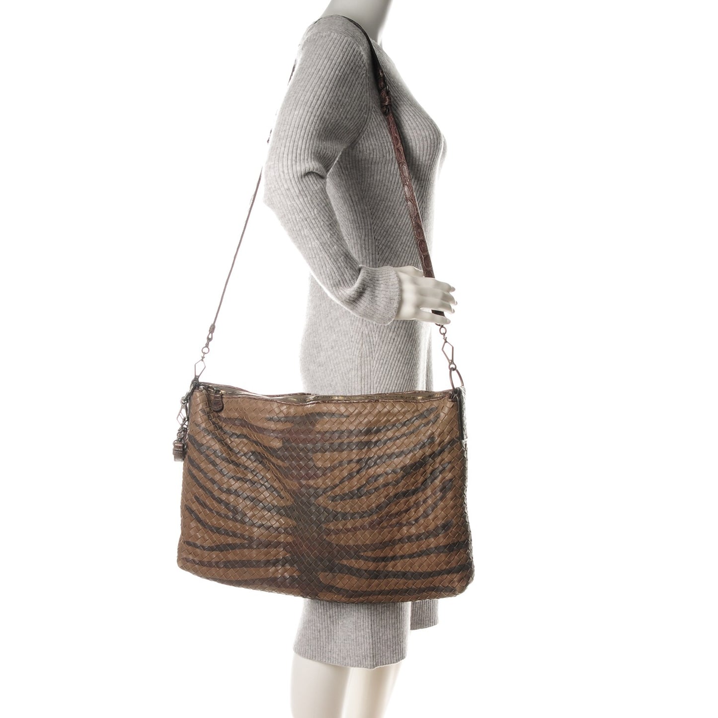 Nappa Intrecciato Alligator Large Shoulder Bag Brown