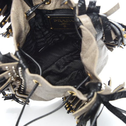 Prada Crackled Calfskin Studded Fringe Wristlet Pouch Talco Black 5 of 11