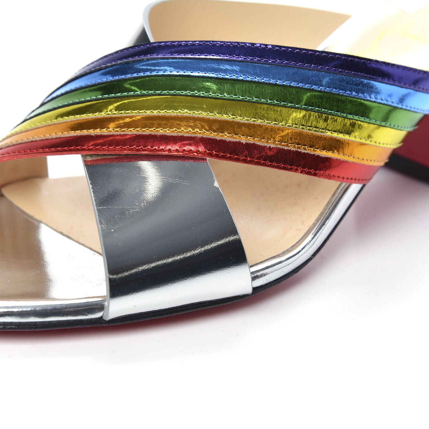 Metallic Calfskin Rainbow Arkenmule 55 Slide Sandals 38 Silver Multicolor