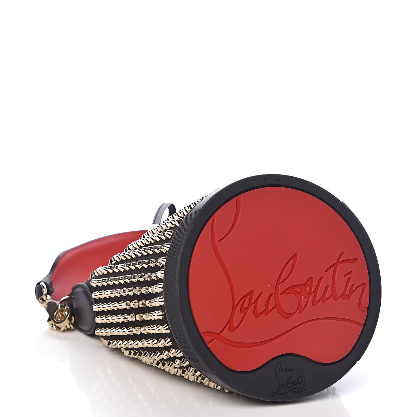Silk Satin Calfskin Marie Jane Loubirun Studded Bucket Black Gold Platine