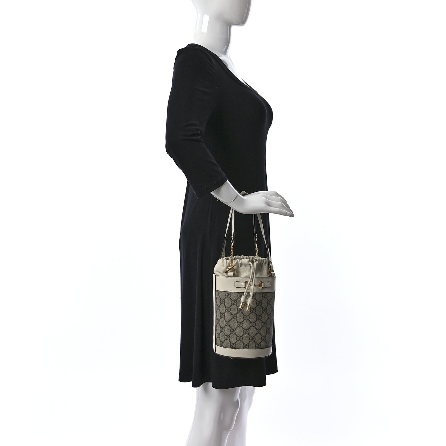 GG Supreme Monogram Azalea Sakai Calfskin Small Horsebit 1955 Drawstring Bucket Bag Beige Ebony Mystic White