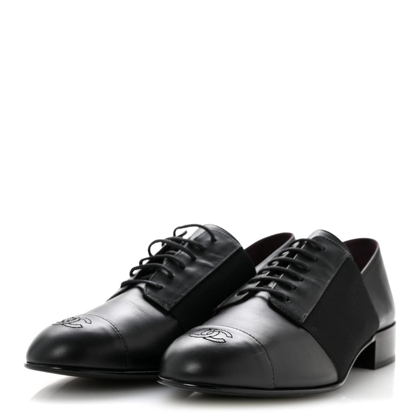 Calfskin Elastic Lace Up Cap Toe CC Loafers 40 Black