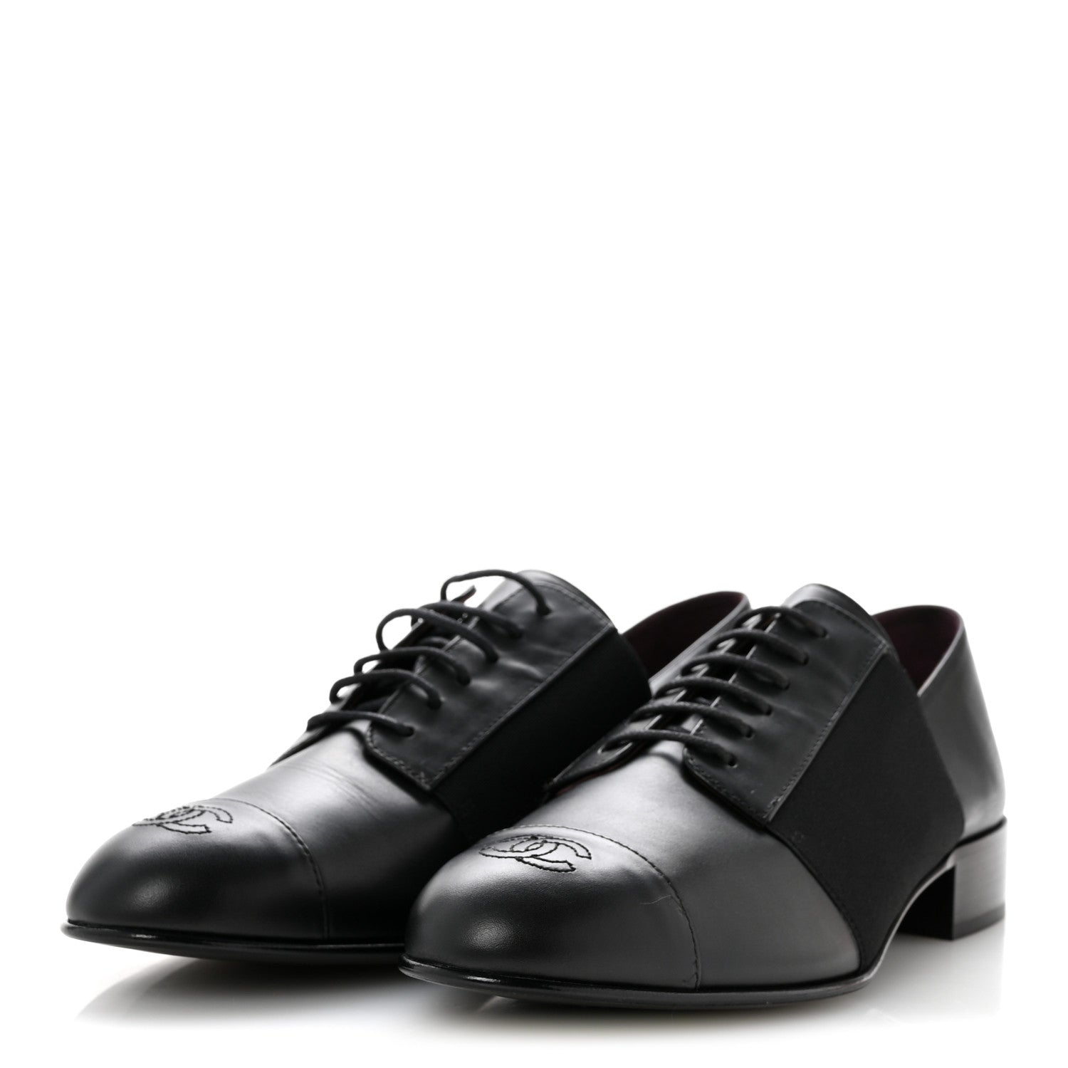 Chanel Calfskin Elastic Lace Up Cap Toe CC Loafers 40 Black 4 of 10