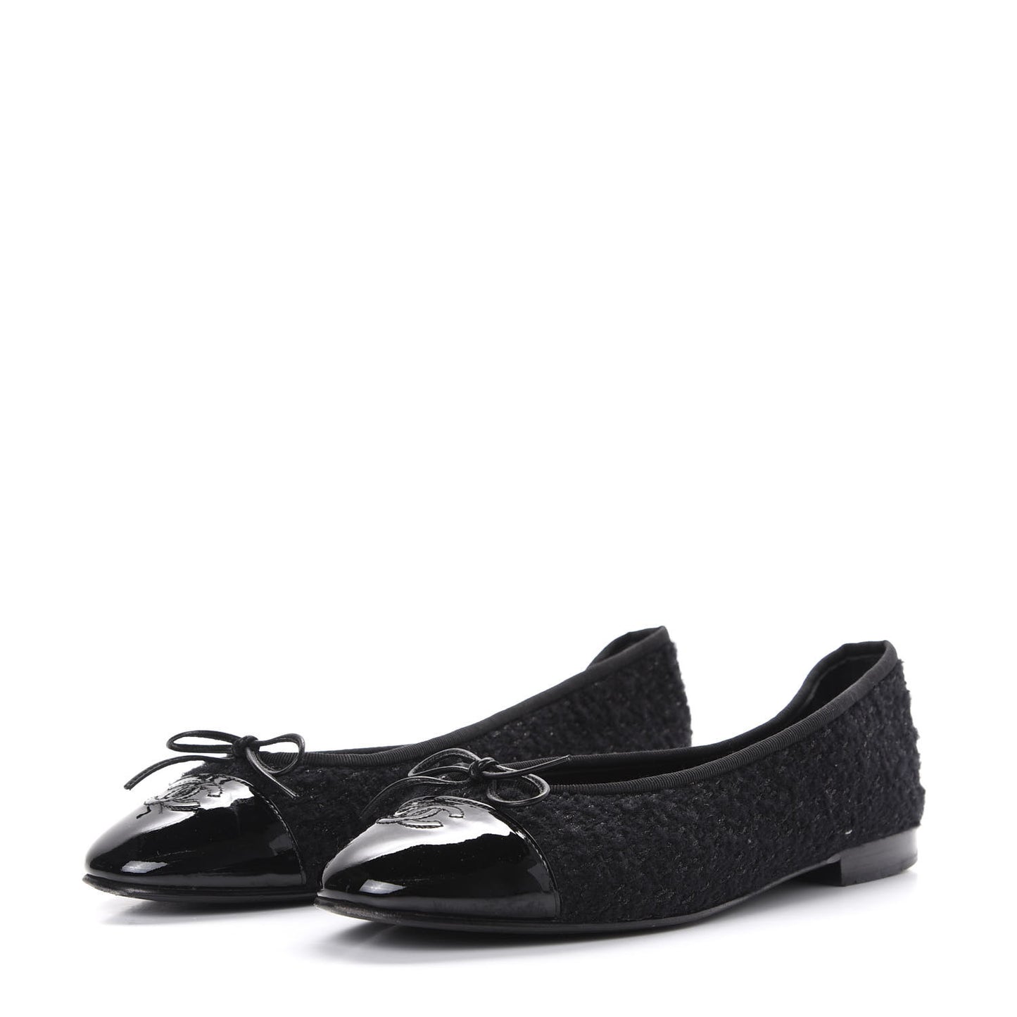 Tweed Patent Calfskin Cap Toe Ballerina Flats 41 Black