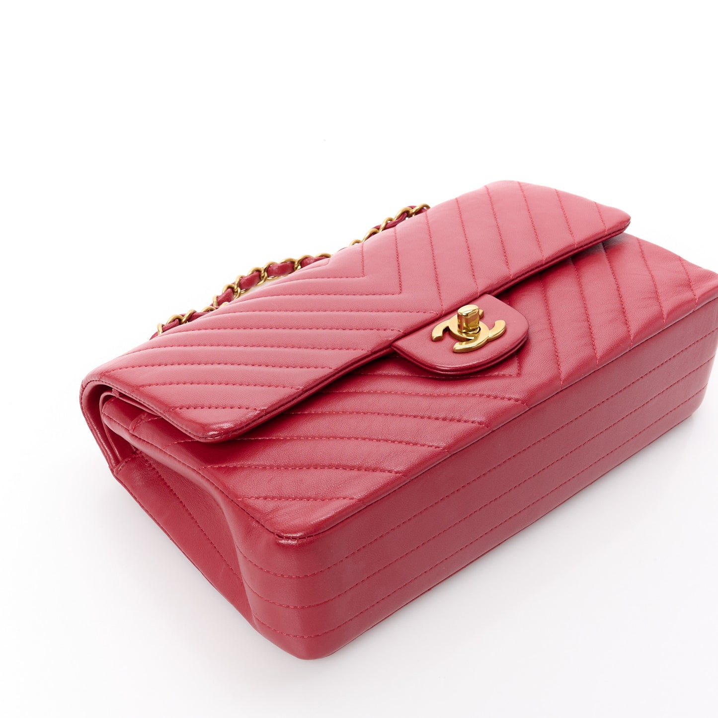 Lambskin Chevron Quilted Medium Double Flap Red