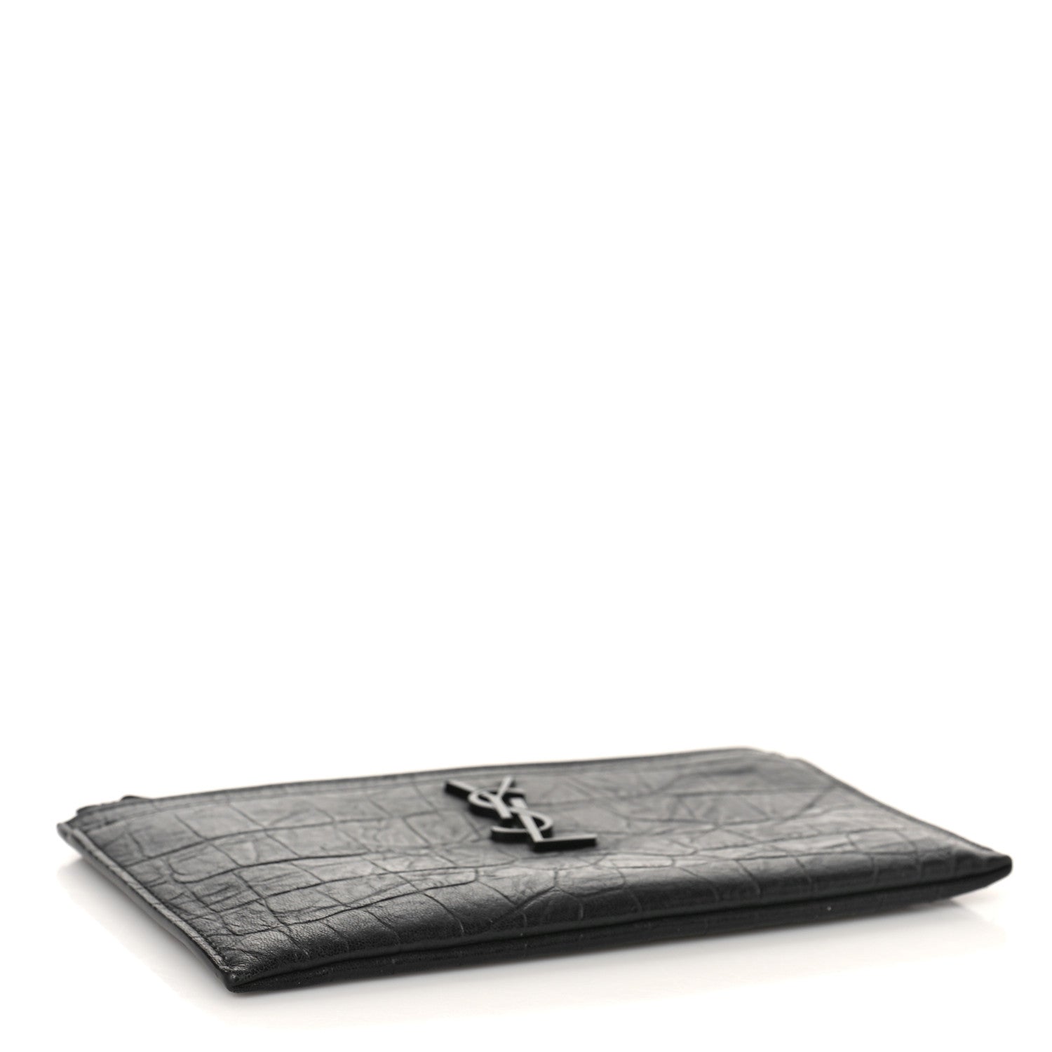 Saint Laurent Calfskin Crocodile Embossed Monogram Zip Bill Pouch Black 4 of 9