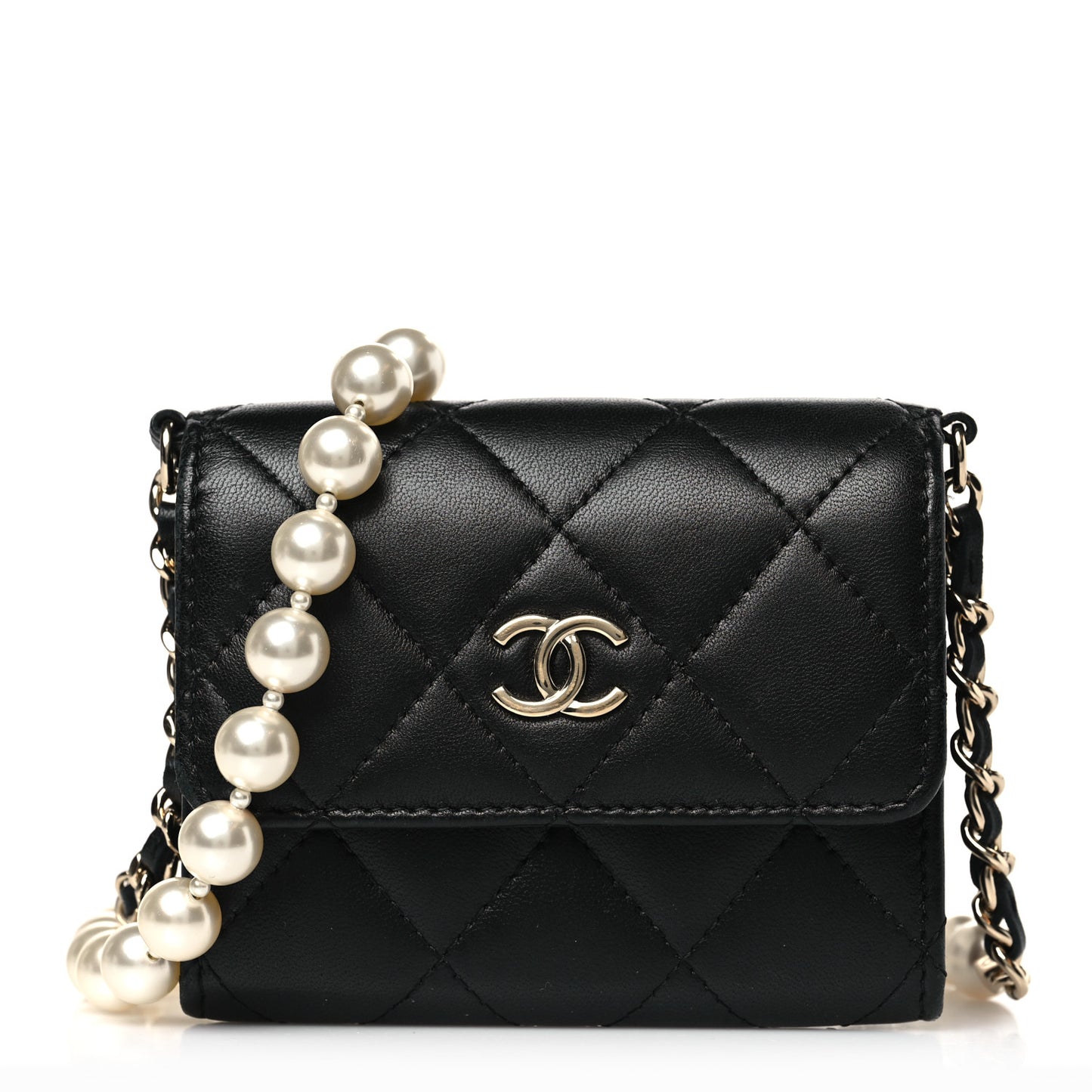 Lambskin Quilted Pearl Card Holder With Chain Black