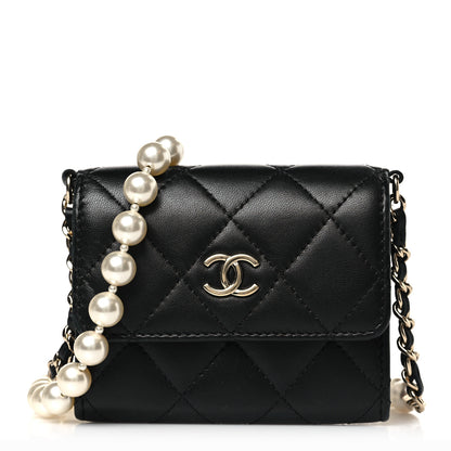 Chanel Lambskin Quilted Pearl Card Holder With Chain Black 1 of 10