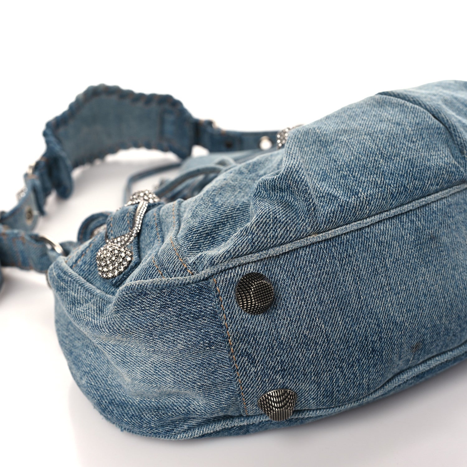 Balenciaga Washed Frayed Denim Crystal Small Le Cagole Shoulder Bag Blue 9 of 11