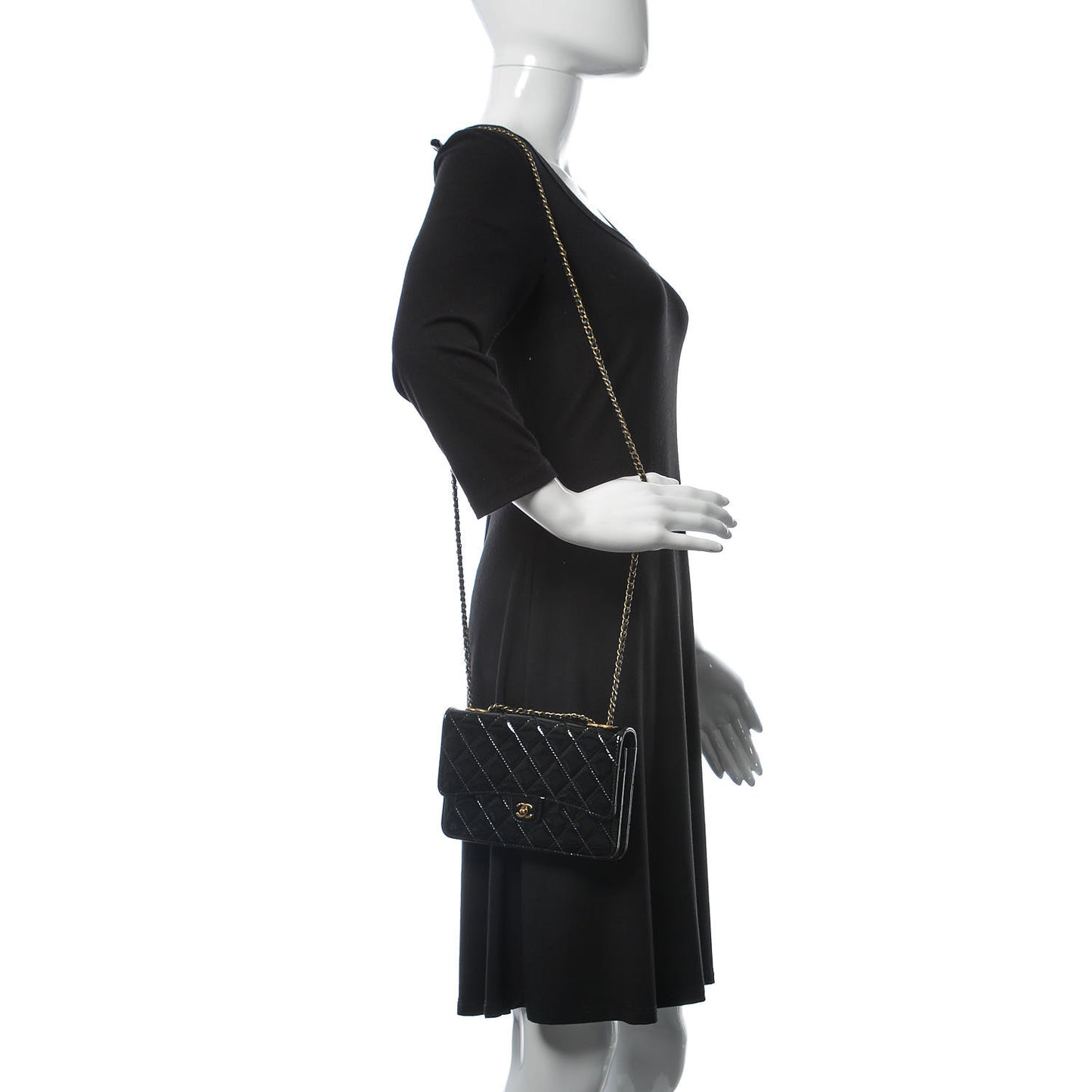 Patent Goatskin Quilted CC Eyelet Wallet On Chain WOC Black