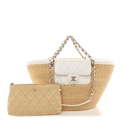 Chanel Raffia Braided Lambskin Large Wicker Tote Beige White 3 of 11