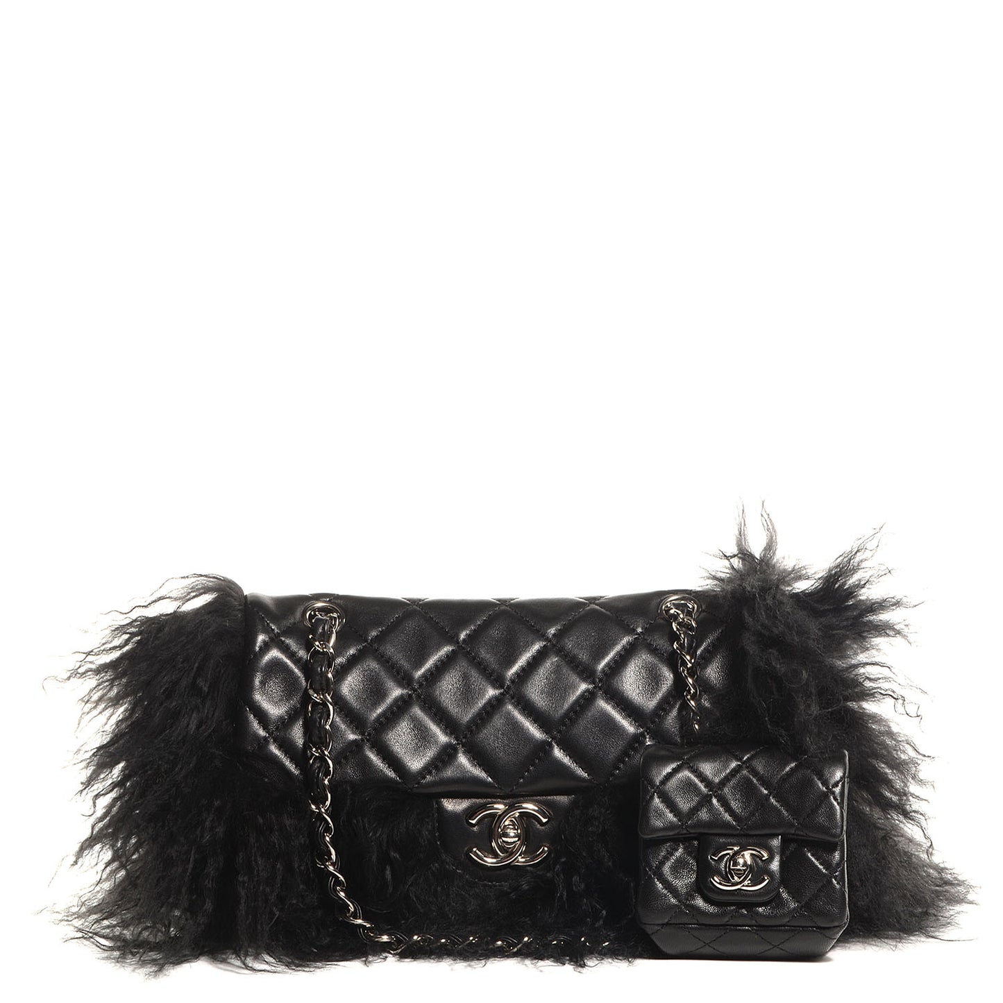 Lambskin Goat Fur Tibet Medium Flap with Mini Bag Black