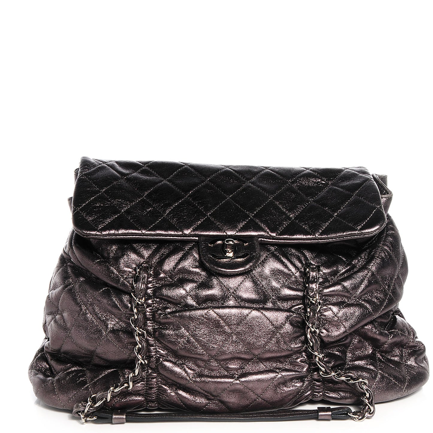 Metallic Lambskin Quilted Sharpei Flap Dark Silver