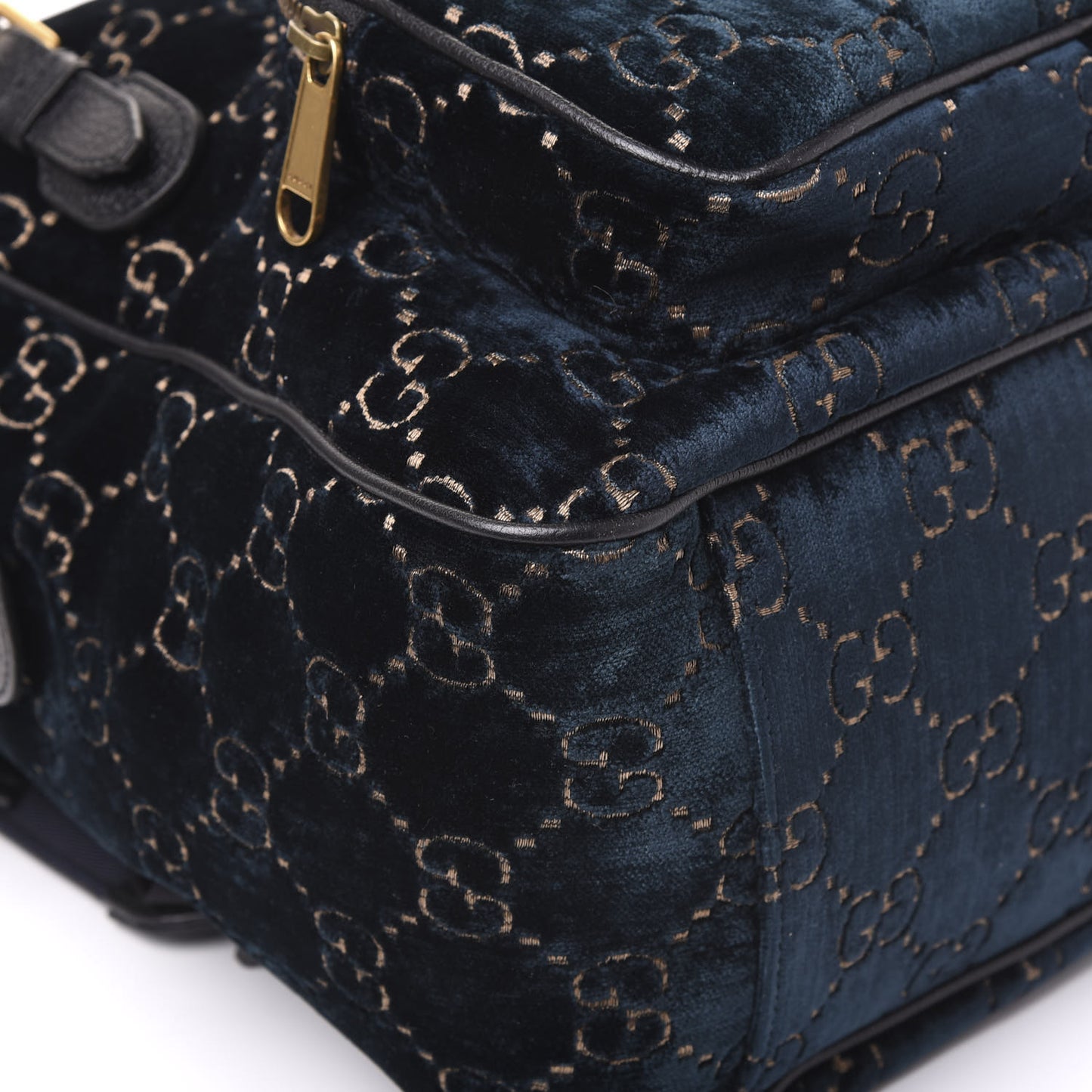 Velvet GG Monogram Textured Calfskin Web Small Double Buckle Backpack Blue Beige Black