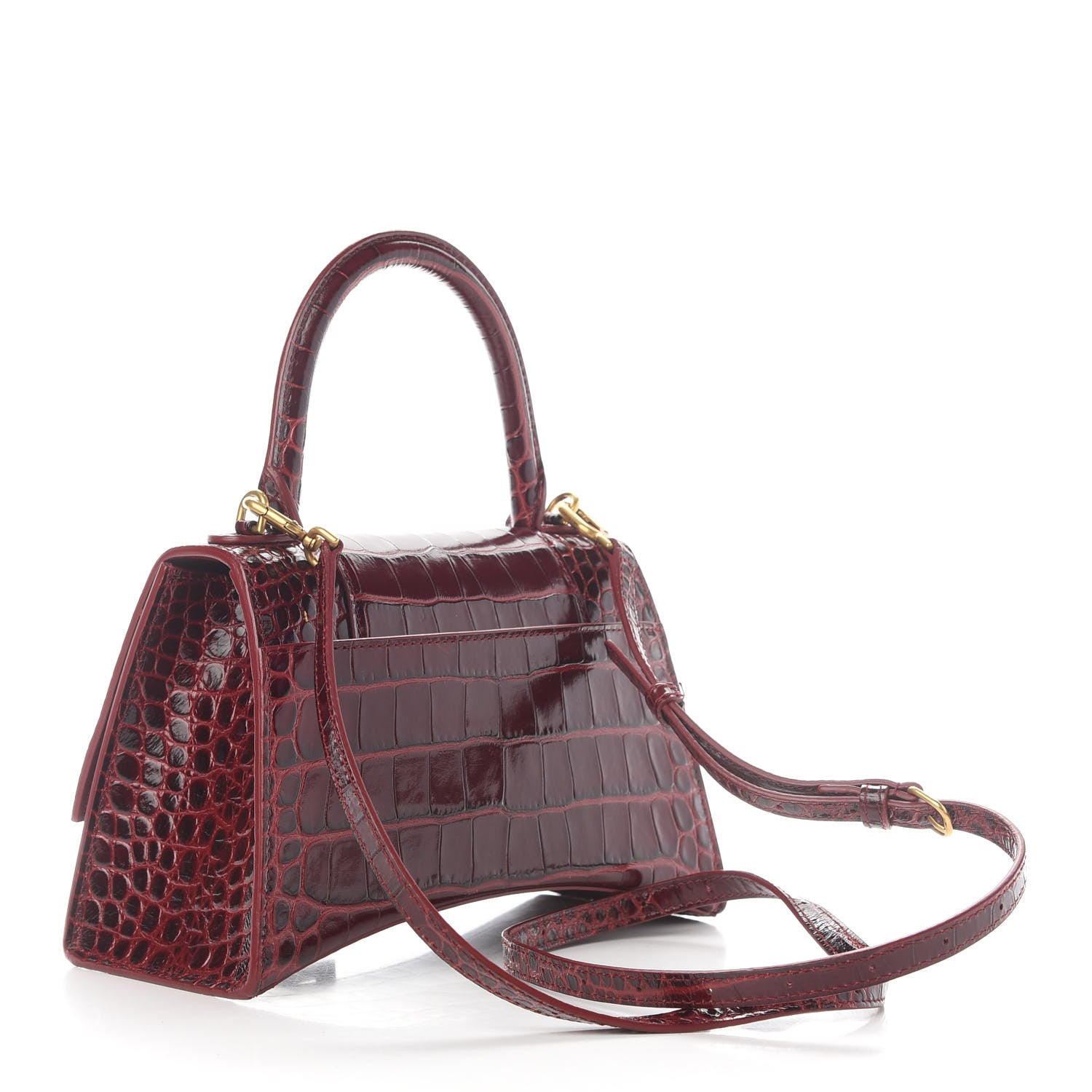 Balenciaga Shiny Calfskin Crocodile Embossed Small Hourglass Top Handle Bag Dark Red 2 of 8