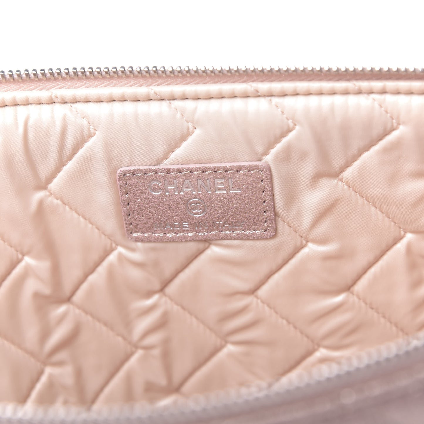Metallic Crackled Goatskin Studded Chevron Quilted CC Large Zip Clutch Pink