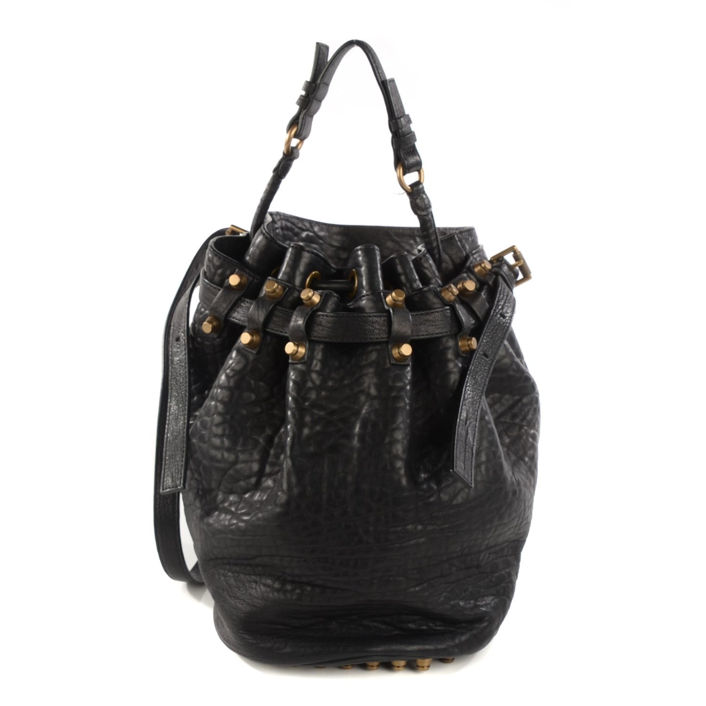 Pebbled Lambskin Diego Bucket Bag Black Antique Brass Hardware