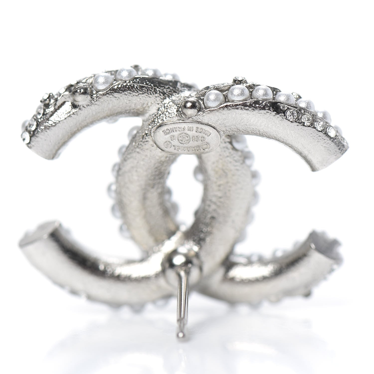 Chanel Pearl Crystal CC Earrings Silver 4 of 5