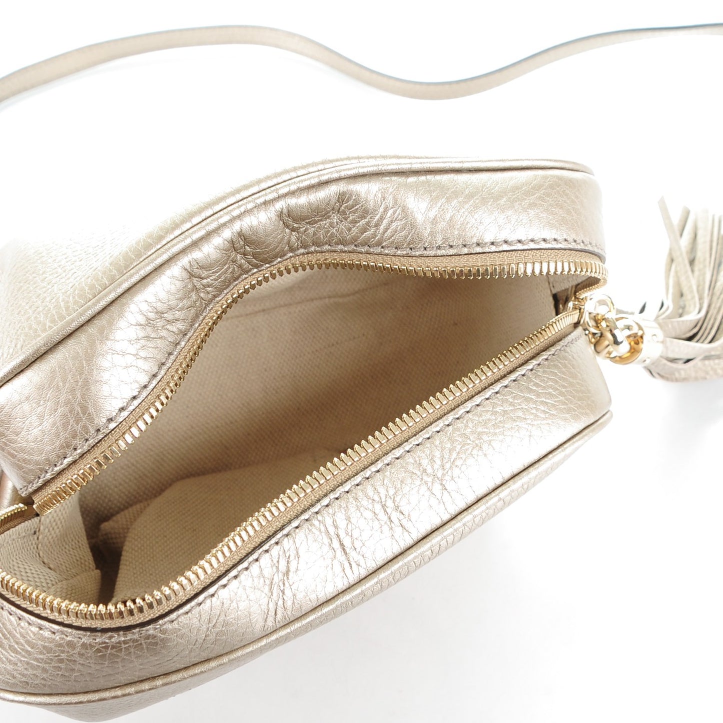 Metallic Pebbled Calfskin Small Soho Disco Bag Golden Beige