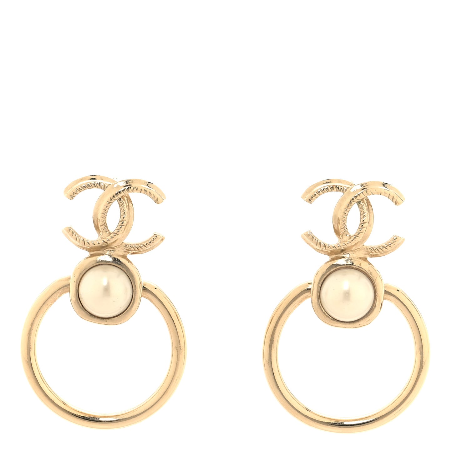 Metal Pearl CC Hoop Drop Earrings Gold