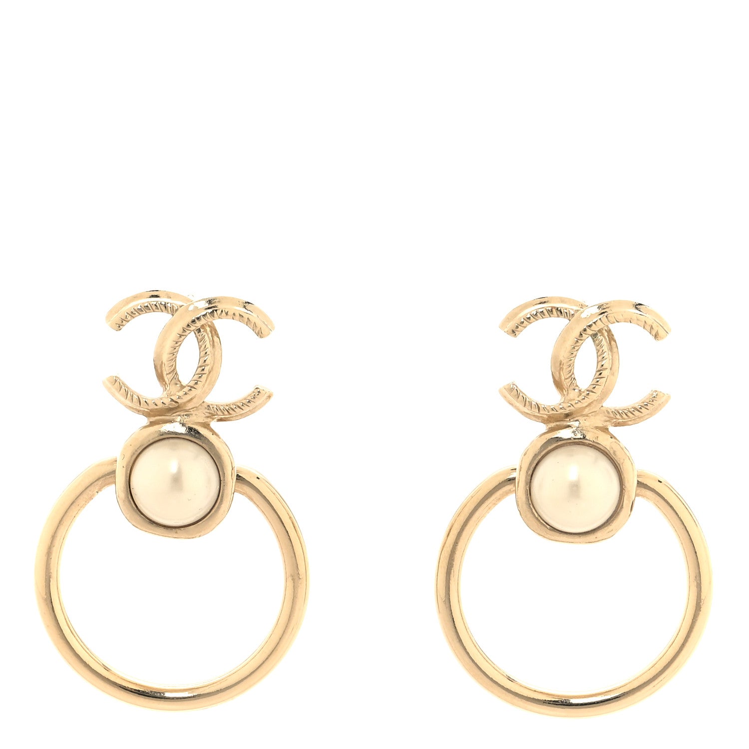 Chanel Metal Pearl CC Hoop Drop Earrings Gold 1 of 5