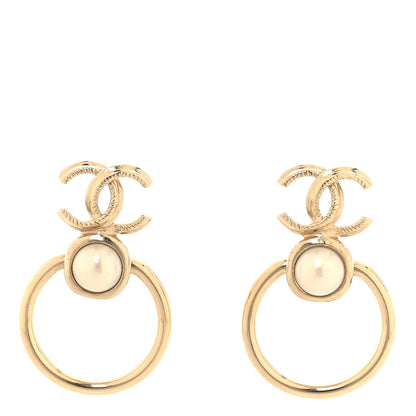 Chanel Metal Pearl CC Hoop Drop Earrings Gold 1 of 5