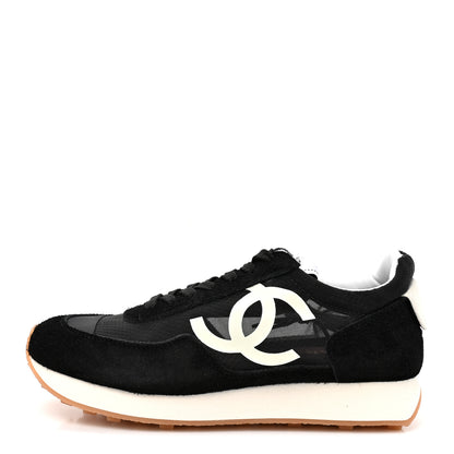 Chanel Mesh Suede Calfskin Womens Logo Sneakers 38.5 Black White 1 of 10