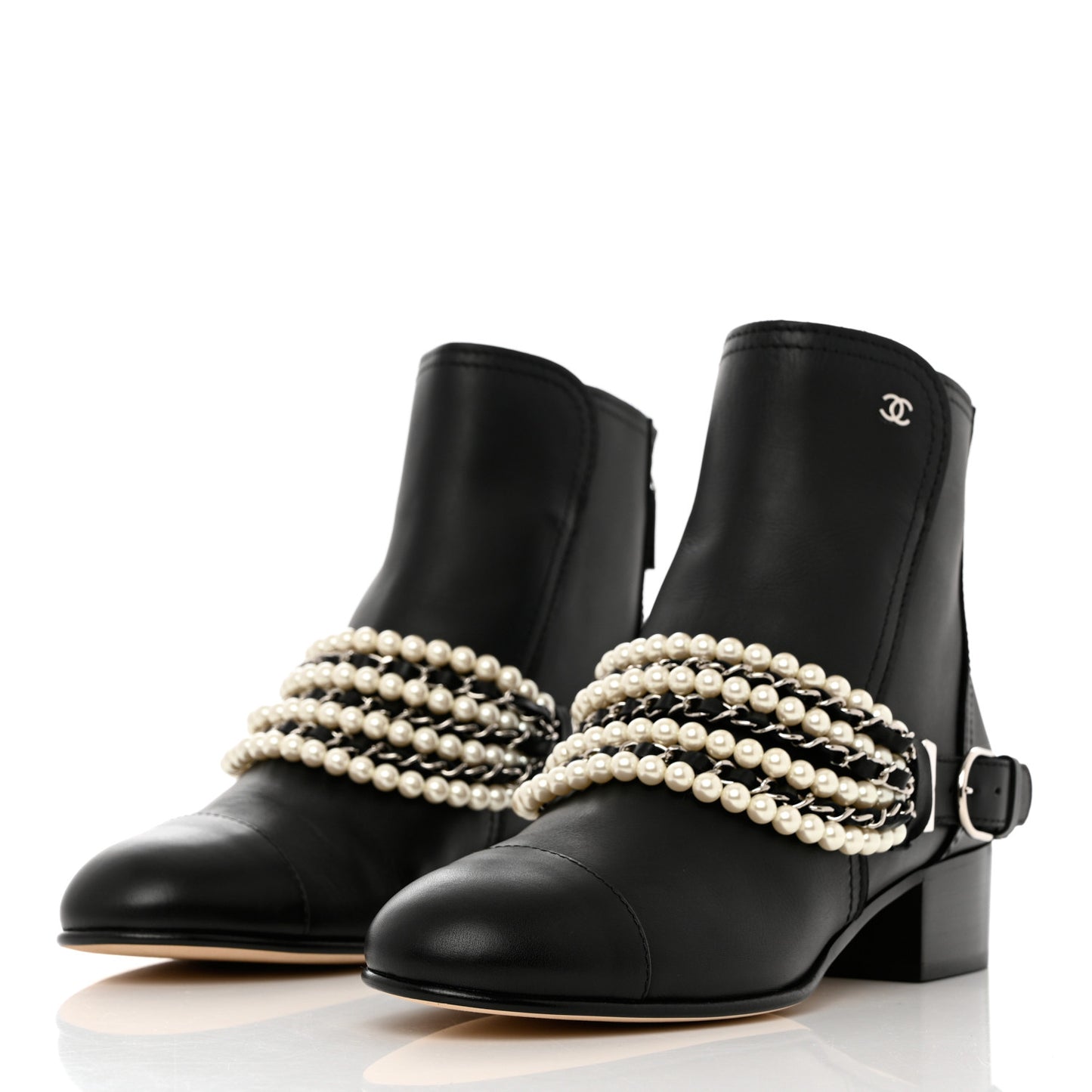 Calfskin Pearl Cap Toe Short Boots 40 Black