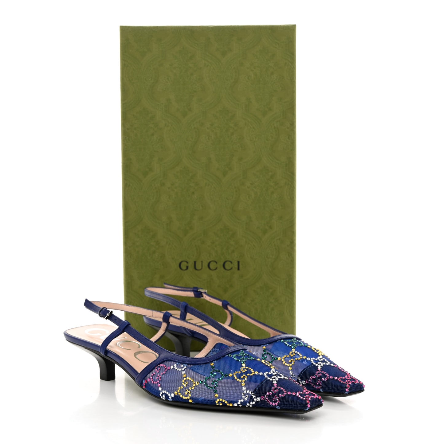 Tela Retino Nappa Charlotte Crystal GG Monogram Square G 35mm Slingback Pumps 37 Splash Net Blue Witch