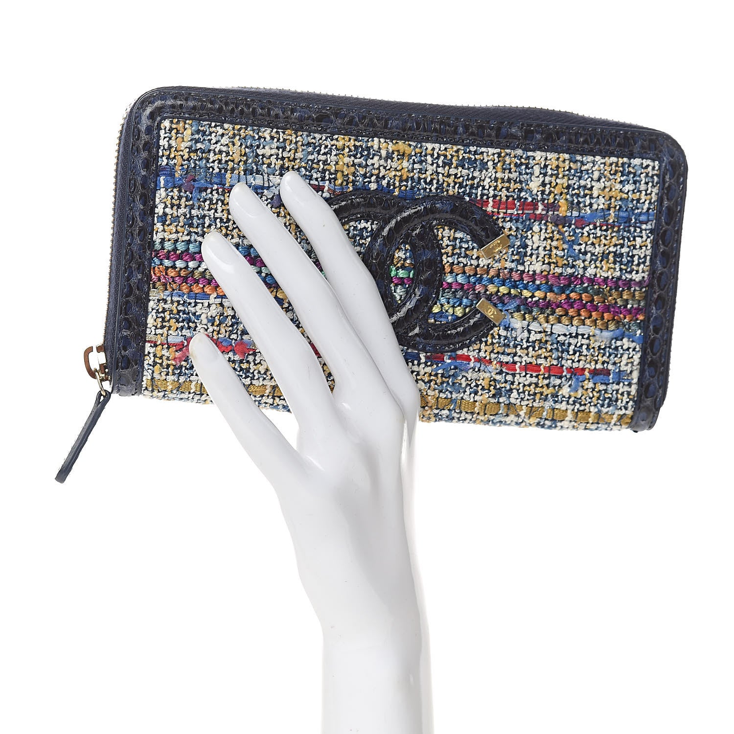 Chanel Tweed Snakeskin Quilted CC Filigree Zip Around Wallet Blue Multicolor 2 of 9