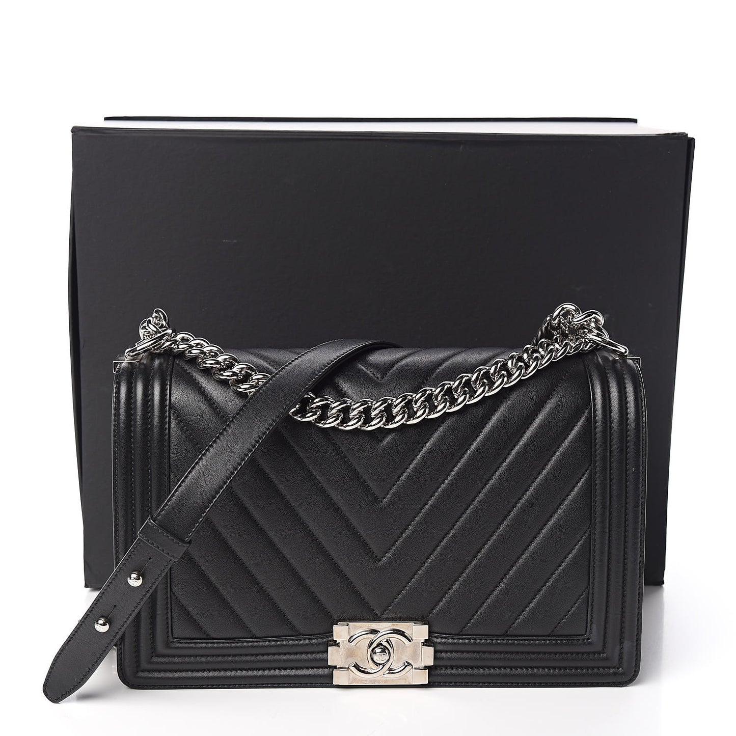 Calfskin Chevron Quilted New Medium Boy Flap Black
