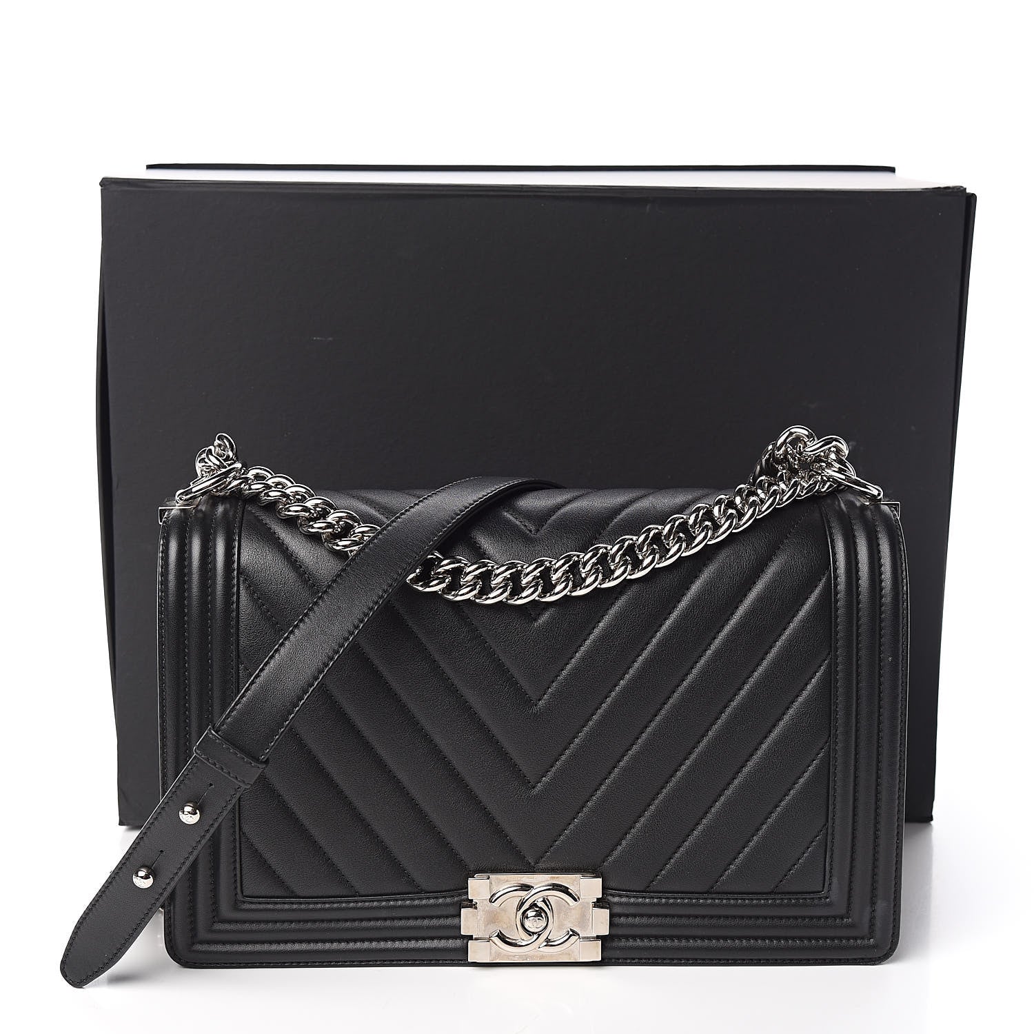 Chanel Calfskin Chevron Quilted New Medium Boy Flap Black 14 of 14