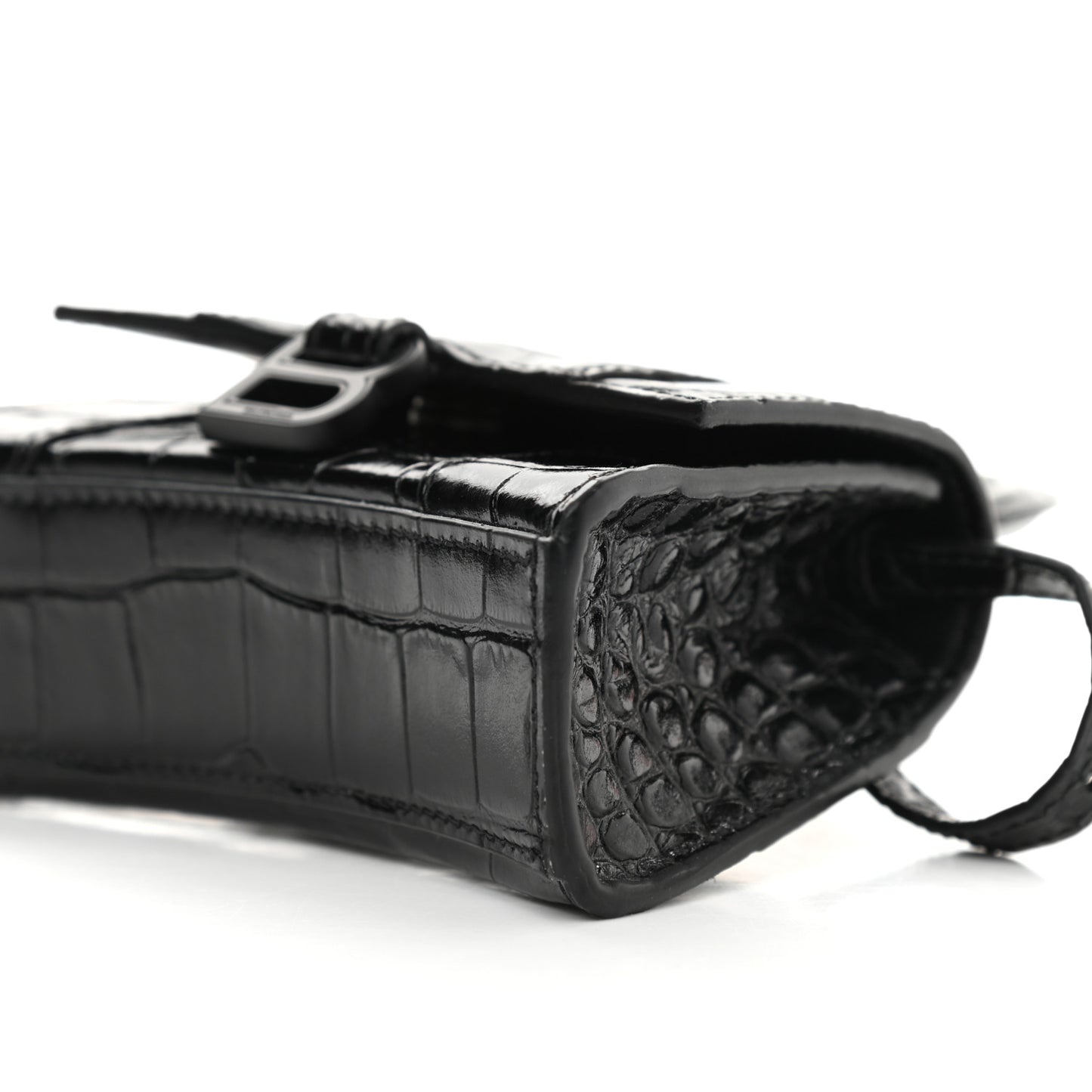 Shiny Calfskin Monochrome Crocodile Embossed Hourglass Top Handle Bag Mini Black