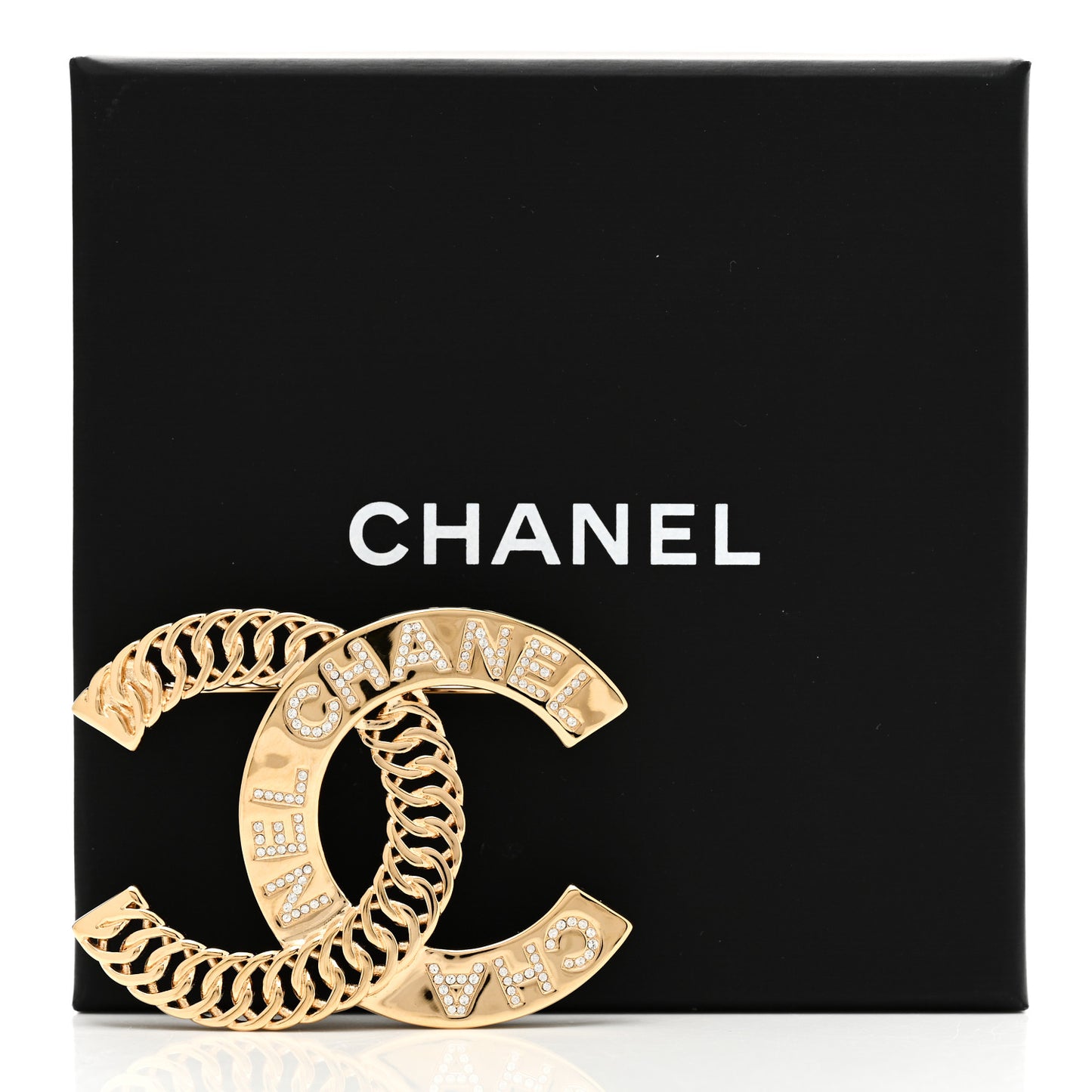 Crystal Chain CC Brooch Gold