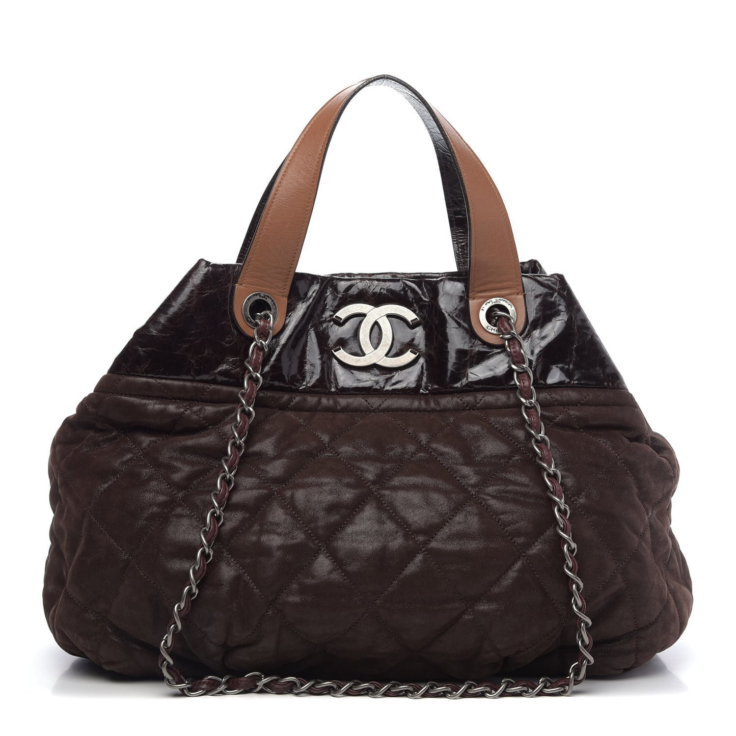 Iridescent Calfskin Quilted Large In The Mix Tote Brown