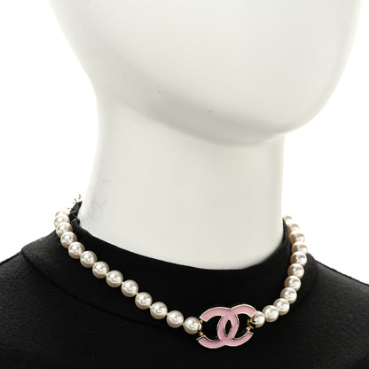 Chanel Pearl Enamel CC Choker Necklace Gold White Pink 2 of 6