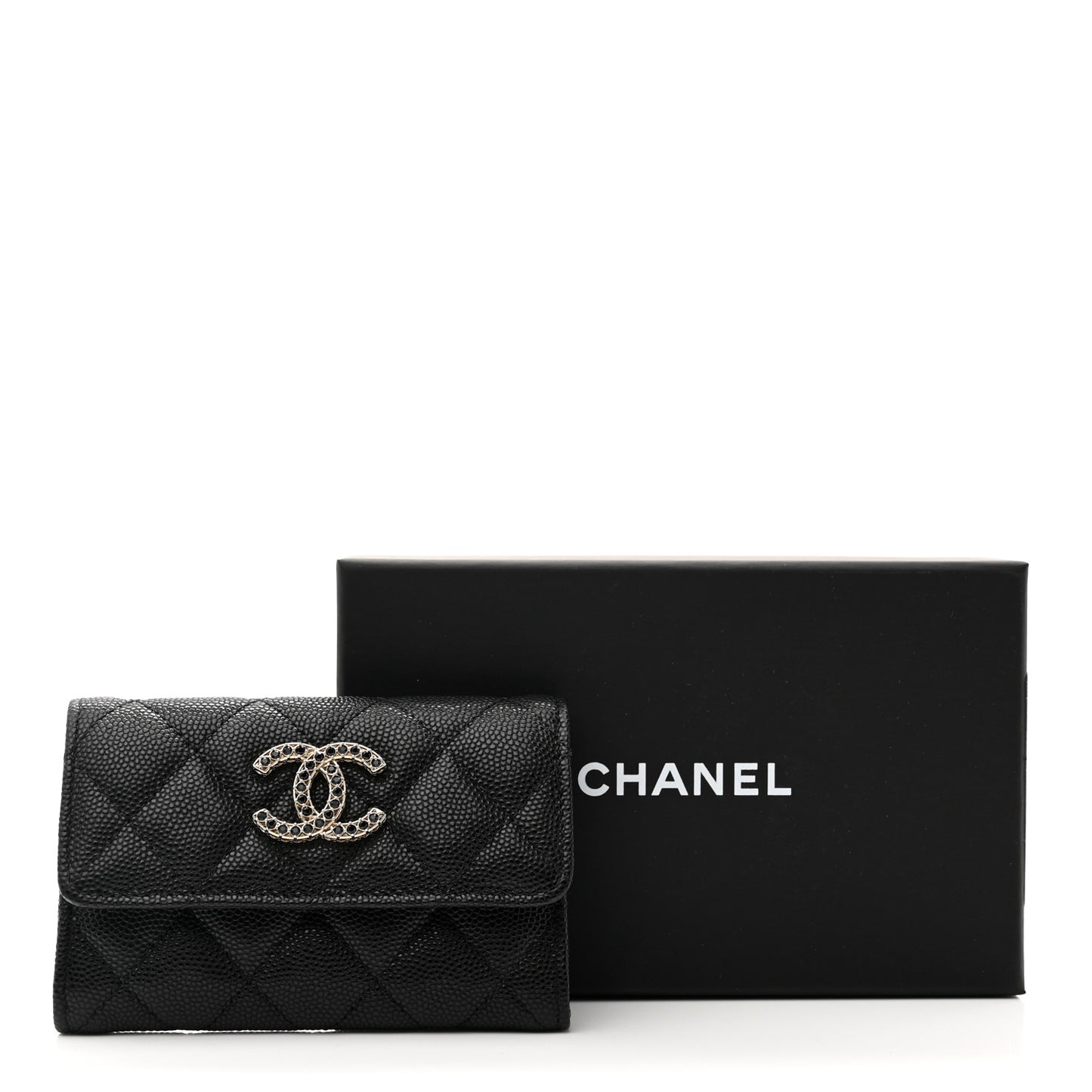 Shiny Caviar Quilted Strass CC Flap Card Holder Black