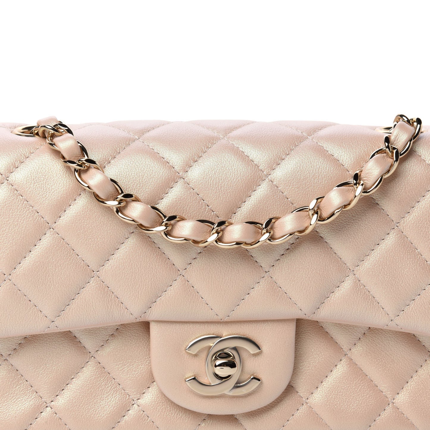 Iridescent Calfskin Quilted Mini Rectangular Flap Beige