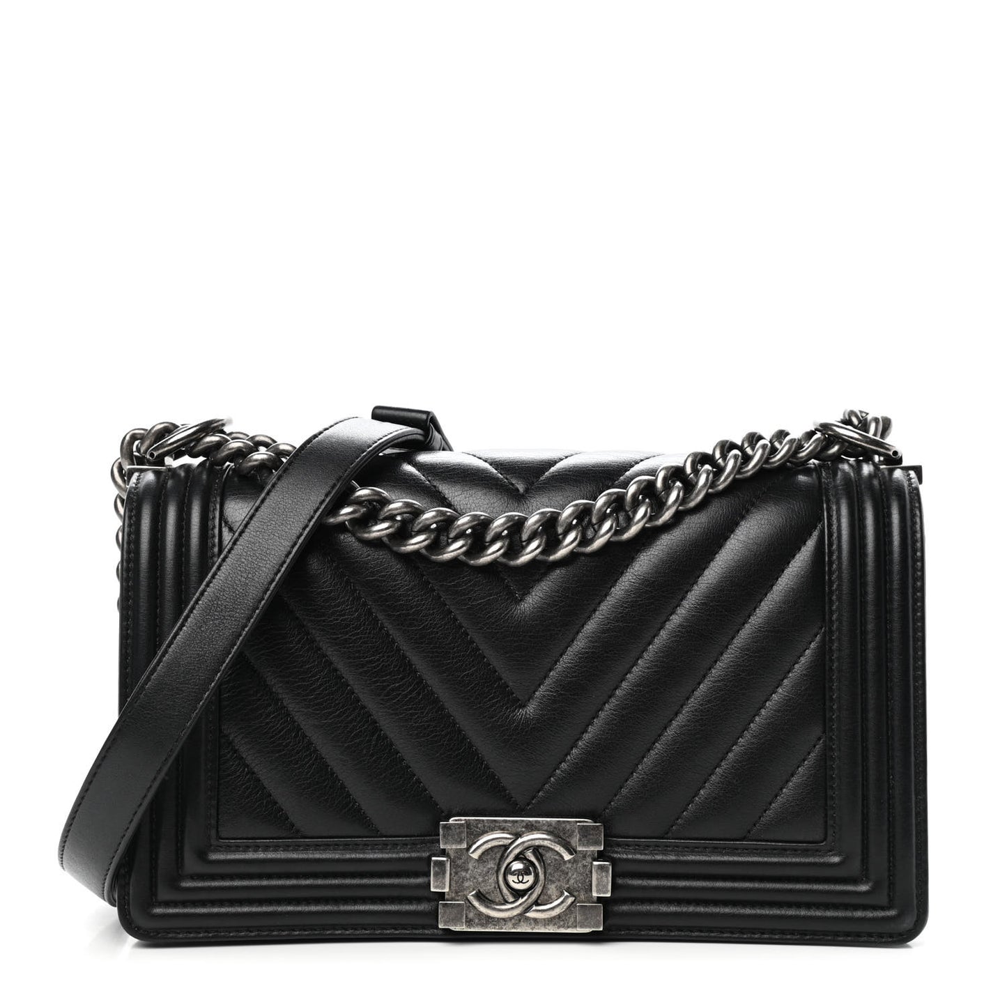 Calfskin Chevron Quilted Medium Boy Flap Black