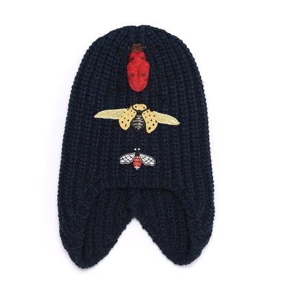 Gucci Wool Knit Cusco Insect Embroidered Beanie Hat S Navy 1 of 4