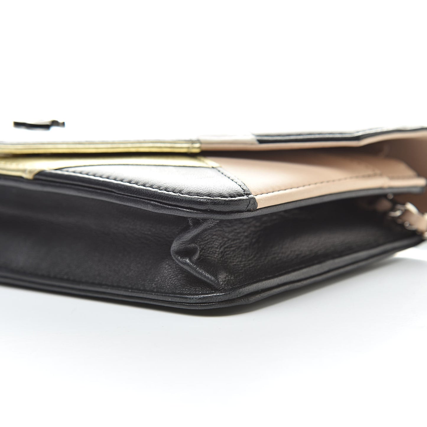 Metallic Lambskin Chevron Wallet On Chain WOC Black Beige
