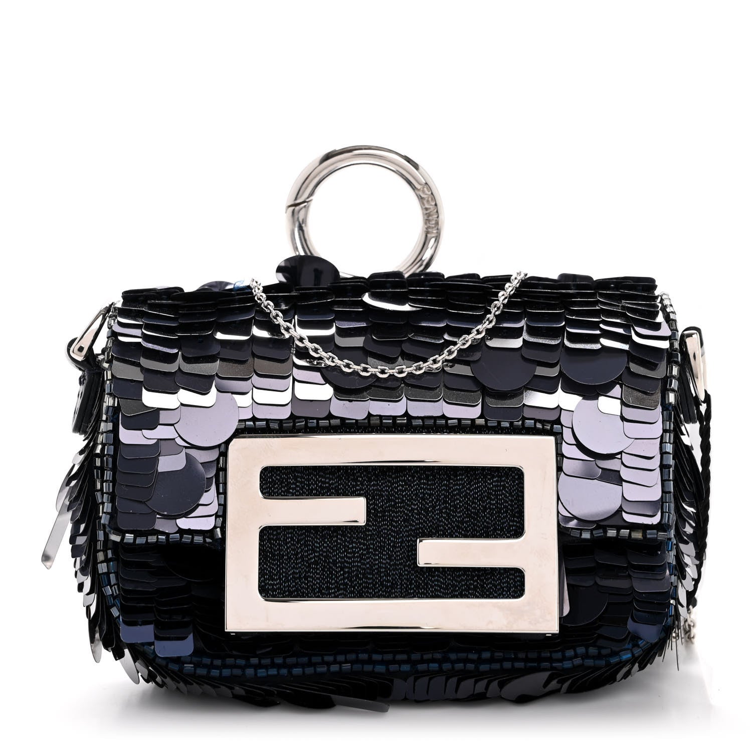 Fendi Sequin Paillettes Shiny Nappa Sex and the City Nano Maxi Buckle Baguette Charm Blue 1 of 12