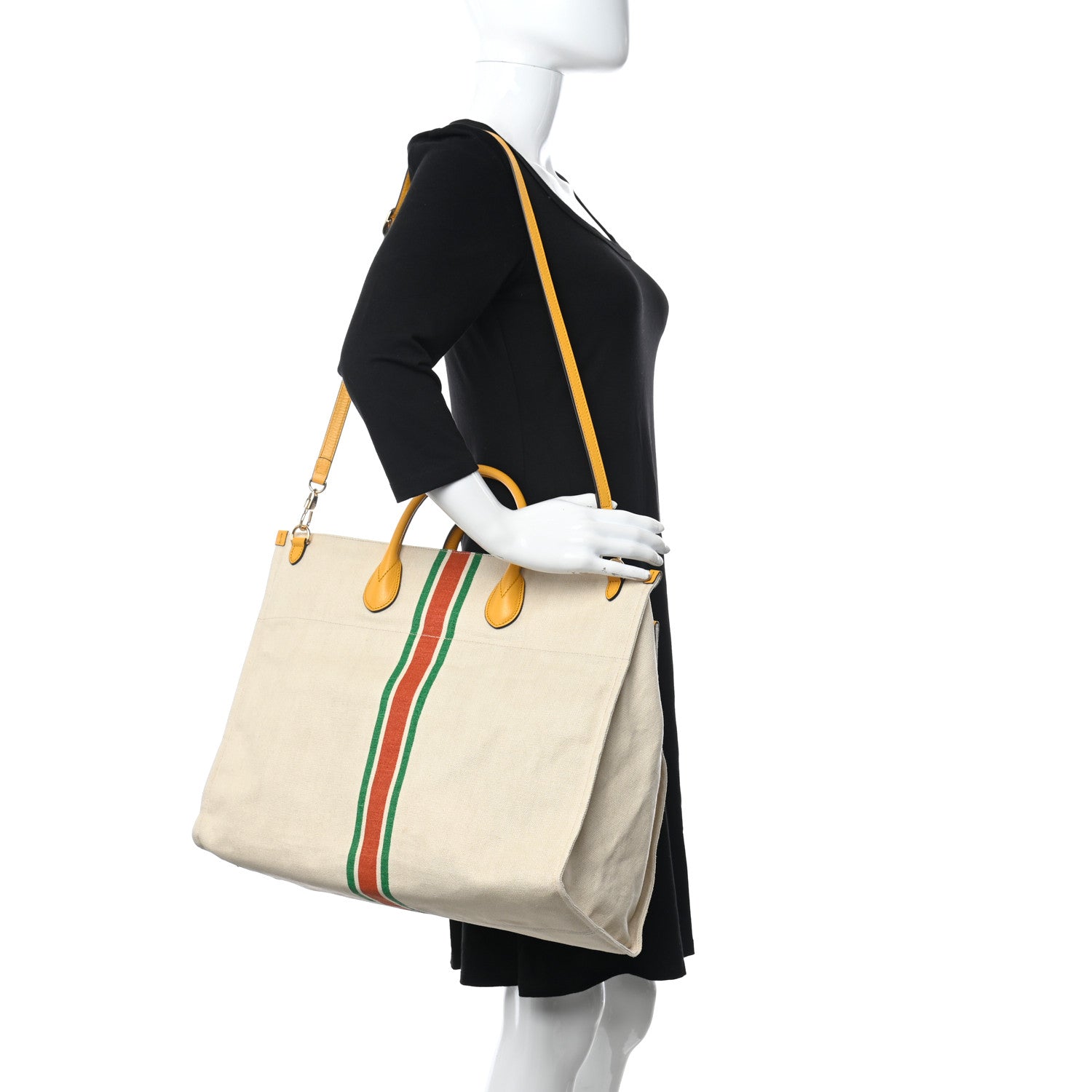 Gucci Linen Heavy Canvas Textured Dollar Calfskin Web Large Retro Interlocking G Foldable Tote Light Beige 2 of 11