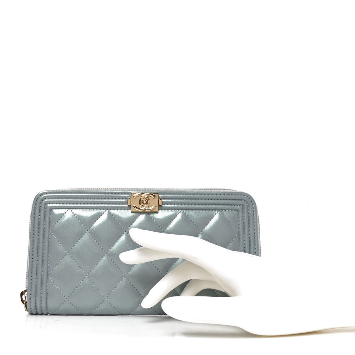 Chanel Metallic Patent Quilted Boy Zip Around Wallet Light Blue 2 of 9