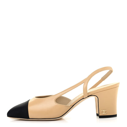 Chanel Goatskin Grosgrain Cap Toe CC Slingback Pumps 38 Beige Black 1 of 8