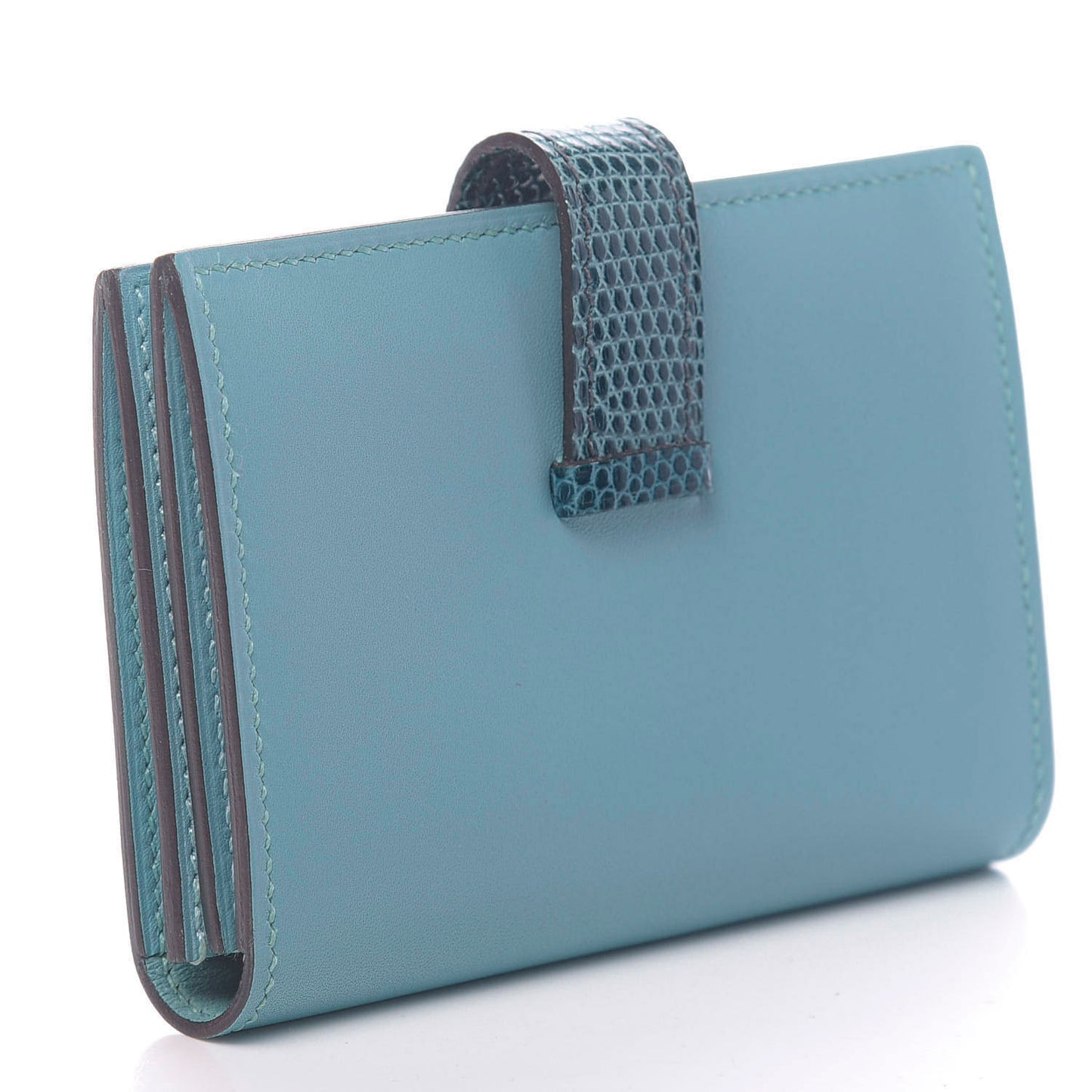 Tadelakt Lizard Mini Bearn Card Holder Wallet Bleu Atoll