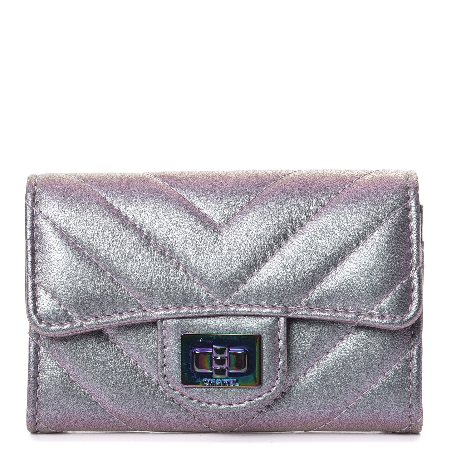 Iridescent Lambskin Chevron Quilted Reissue Card Holder Light Purple