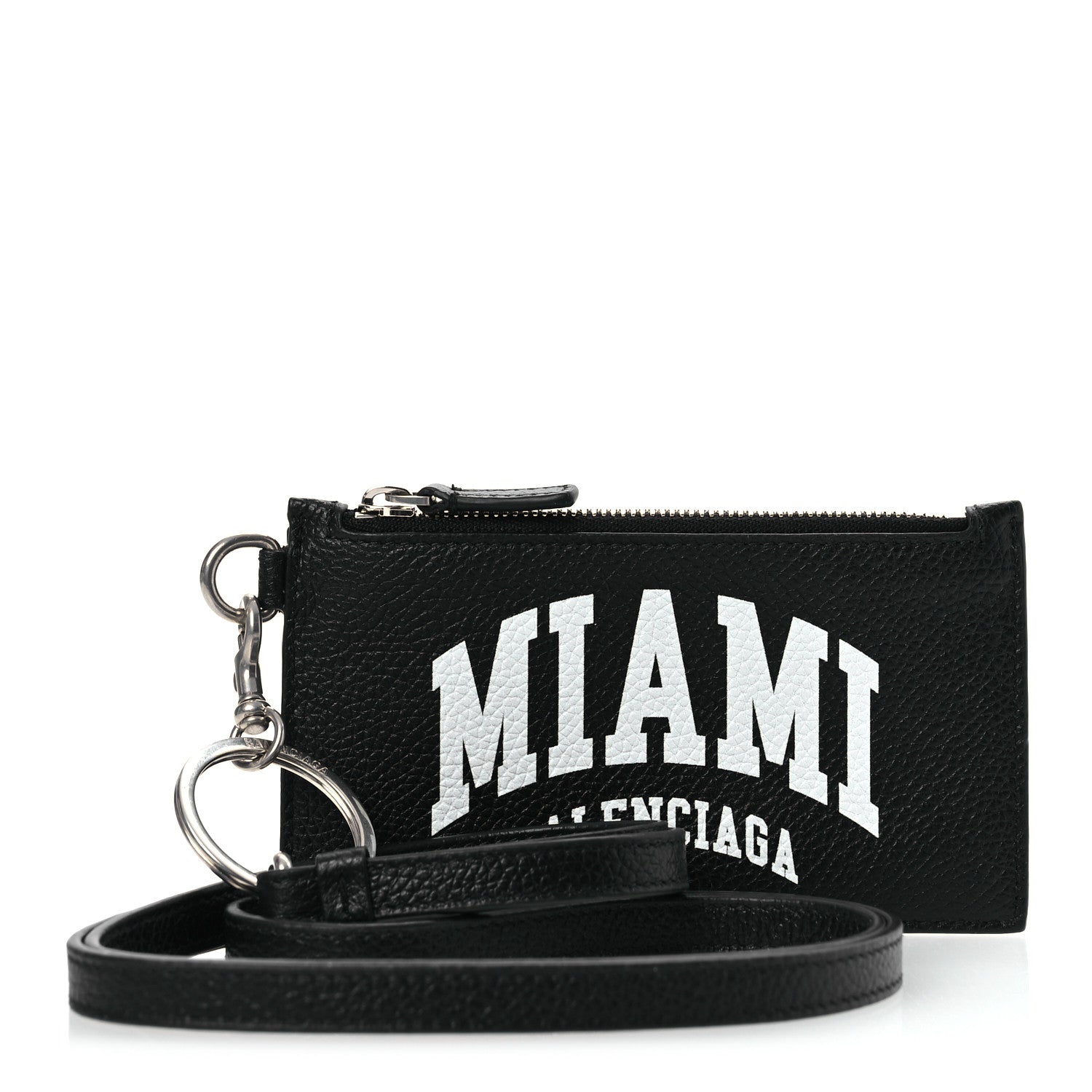 Balenciaga Grained Calfskin Miami Logo Cash Coin Card Holder On Keychain Black 1 of 9