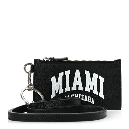 Balenciaga Grained Calfskin Miami Logo Cash Coin Card Holder On Keychain Black 1 of 9